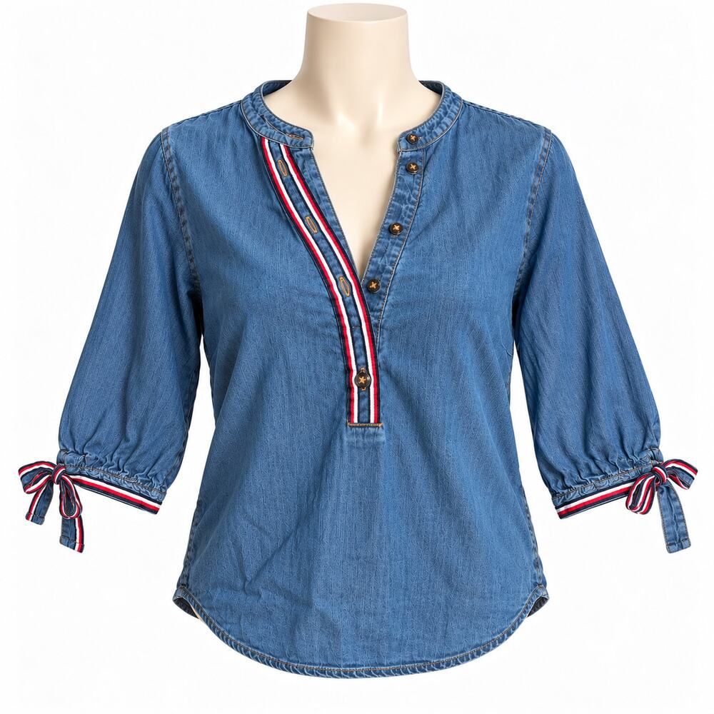 Tommy Hilfiger Chambray Popover Tunic Red White Blue Trim Women's XS